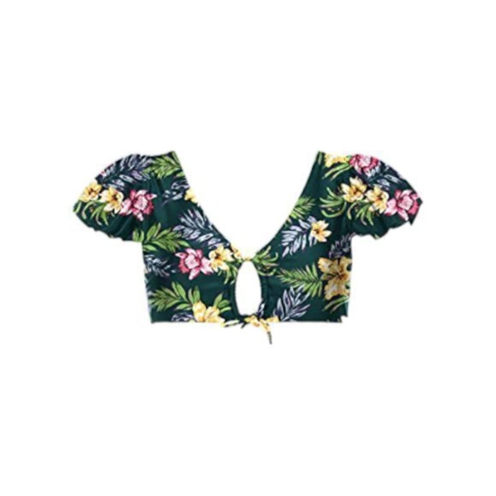 Tropical Ruffle Sleeve Cutout V-Neck Cup Sleeves Bikini Top Size Med NWT #2298